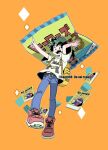  1boy all_might backpack bag boku_no_hero_academia character_name chips_(food) commentary_request denim food freckles full_body green_hair jeans koo1088 male_focus midoriya_izuku open_mouth orange_background oversized_food pants potato_chips red_footwear shirt shoes short_hair short_sleeves simple_background smile solo yellow_bag 