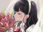  1girl amezawa_koma black_eyes black_hair bouquet close-up commentary curtains expressionless flower hairband half-closed_eyes highres long_hair original pink_flower pink_tulip profile shirt solo symbol-only_commentary tulip white_shirt 