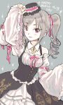  1girl amezawa_koma blush drill_hair frilled_sleeves frills grey_background grey_hair hair_ribbon happy_birthday hat idolmaster idolmaster_cinderella_girls jewelry kanzaki_ranko long_hair long_sleeves looking_at_viewer mini_hat necklace parted_lips pink_eyes ribbon sketch smile solo tilted_headwear twin_drills two-tone_dress underbust wide_sleeves 