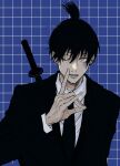  1boy black_hair black_jacket black_necktie blue_background blue_eyes chainsaw_man collared_shirt earrings formal fox_shadow_puppet grid_background hayakawa_aki highres jacket jewelry looking_at_viewer namida_a2 necktie one_eye_closed open_mouth shirt short_hair simple_background solo stud_earrings suit suit_jacket topknot weapon weapon_on_back white_shirt 