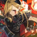  1girl armor backlighting blonde_hair facial_mark fate/grand_order fate_(series) from_above gem gloves horns jam8686 long_hair looking_at_viewer looking_up nero_claudius_(fate) pauldrons petals pointy_ears queen_draco_(fate) queen_draco_(third_ascension)_(fate) shoulder_armor smile solo 