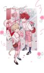  2boys aged_down amagi_hiiro animal_ears aqua_eyes bag balloon blonde_hair bouquet bow bowtie cat_ears cat_tail closed_mouth commentary dog_ears dog_tail english_commentary ensemble_stars! full_body green_eyes heart heart_balloon holding holding_balloon holding_bouquet long_sleeves looking_at_viewer male_child male_focus multiple_boys open_mouth pink_bow pink_bowtie redhead seuga shiratori_aira_(ensemble_stars!) short_hair shorts shoulder_bag socks standing tail 