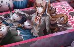  1girl absurdres animal_ears arm_support black_thighhighs blazer blue_skirt book bow box breasts brown_hair brown_sweater_vest cardboard_box character_doll character_name commentary cupcake doki_doki_literature_club dress_shirt english_text expressionless eyelashes food from_side fu_iwashibou green_eyes grey_jacket hair_between_eyes hair_bow hair_over_shoulder hair_ribbon highres in_box in_container jacket kitchen_knife knees_up knife large_breasts long_hair looking_at_viewer looking_to_the_side mini_person minigirl monika_(doki_doki_literature_club) natsuki_(doki_doki_literature_club) ponytail red_ribbon ribbon sayori_(doki_doki_literature_club) school_uniform shirt sidelocks sitting skirt solo stab stuffed_toy sweater_vest thigh-highs torn very_long_hair white_bow white_ribbon white_shirt yuri_(doki_doki_literature_club) zettai_ryouiki |_| 