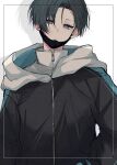 1boy black_hair black_jacket blue_eyes blue_lock closed_mouth highres hood hood_down itoshi_rin jacket long_sleeves looking_at_viewer male_focus mask mouth_mask natsuneco_02 short_hair solo upper_body white_background white_jacket 