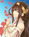  1girl ahoge bare_shoulders breasts brown_hair detached_sleeves hair_bun hairband headgear highres japanese_clothes jewelry kantai_collection kongou_(kancolle) long_hair looking_at_viewer nontraditional_miko nyasaku ring smile smirk solo violet_eyes wedding_ring 