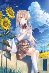  1girl blonde_hair bottle bow bowtie brown_skirt clouds cloudy_sky collared_shirt cumulonimbus_cloud flower hanekoto highres holding holding_bottle kneehighs long_hair looking_at_viewer neck_ribbon official_art open_mouth otonari_no_tenshi-sama_ni_itsu_no_mani_ka_dame_ningen_ni_sarete_ita_ken outdoors ponytail red_bow red_bowtie red_ribbon ribbon school_uniform shiina_mahiru_(otonari_no_tenshi-sama) shirt short_sleeves sitting skirt sky socks solo summer sunflower twitter_username water_bottle white_shirt white_socks yellow_eyes yellow_flower 