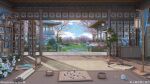  architecture blue_sky board_game bridge clouds cup day drawer east_asian_architecture flower flower_pot go_(board_game) indoors no_humans original plant sanxian_(wufs4222) scenery scroll shelf sky stone_lantern teacup teapot tray tree vase 