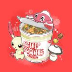  :o bright_pupils commentary_request cup_noodle fish food foongus highres nm_354banette no_humans noodles open_mouth outline plusle pokemon pokemon_(creature) ramen red_background sparkle standing tatsugiri twitter_username watermark white_pupils 