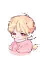  1boy aged_down animal_ears baby blonde_hair brown_eyes child closed_mouth commentary_request debwi_mos_hamyeon_jugneun_byeong_geollim dog_boy dog_ears dog_tail email_address full_body kemonomimi_mode korean_commentary looking_at_viewer male_child male_focus onesie park_moondae ronno_5 short_hair simple_background sitting solo tail white_background 