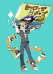  1boy all_might aqua_background arms_up bakugou_katsuki black_shirt blonde_hair boku_no_hero_academia character_name chips_(food) commentary_request food full_body grin koo1088 male_focus oversized_food pants potato_chips print_shirt shirt shoes short_hair short_sleeves simple_background skull_print smile solo spiky_hair standing 