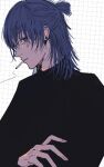  1boy black_sweater blue_hair chainsaw_man cigarette crossed_arms earrings grey_background grid_background hayakawa_aki highres jewelry looking_at_viewer medium_hair namida_a2 sideways_glance simple_background smoke solo stud_earrings sweater topknot 