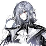  1girl absurdres arknights ascot black_coat closed_mouth coat earrings expressionless gladiia_(arknights) grey_hair highres jewelry long_hair pointy_ears portrait red_eyes remsrar simple_background solo very_long_hair white_ascot white_background 