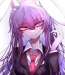  1girl 33_gaff animal_ears closed_mouth commentary crescent crescent_pin glowing glowing_eyes hair_between_eyes long_hair long_sleeves looking_at_viewer necktie purple_hair rabbit_ears rabbit_girl red_eyes red_necktie reisen_udongein_inaba simple_background solo touhou upper_body white_background 
