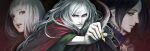  1boy 2girls albino black_hair cloak fata_morgana_no_yakata green_eyes holding holding_quill long_hair looking_ahead looking_at_another michel_bollinger moyatarou multiple_girls official_art open_mouth pale_skin quill red_eyes the_maid_(fata_morgana) the_white-haired_girl_(fata_morgana) upper_body white_hair 