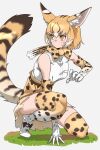  absurdres animal_ears bare_shoulders blonde_hair blush boots bow bowtie cat_ears cat_girl cat_tail elbow_gloves extra_serval_(kemono_friends) gloves hair_between_eyes high-waist_skirt highres kemono_friends multicolored_hair print_bow print_bowtie print_gloves print_skirt print_thighhighs serval_print shirt short_hair sidelocks skirt sleeveless squatting tail tanabe_(fueisei) thigh-highs white_footwear white_hair white_shirt yellow_eyes zettai_ryouiki 