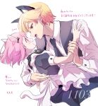 1boy 1girl animal_ears apron arm_grab black_necktie blonde_hair blush bob_cut cat_ears cat_tail collared_shirt commentary_request gradient_hair hand_on_another&#039;s_back hetero highres long_sleeves maid_apron momomo_(m0_3) multicolored_hair necktie ootori_emu open_mouth orange_eyes pink_eyes pink_hair project_sekai shirt short_hair short_sleeves tail teeth tenma_tsukasa translation_request upper_body upper_teeth_only white_apron white_background white_shirt wolf_ears