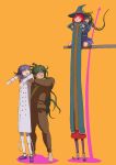  2boys 2girls :d absurdres barefoot black_pantyhose blue_shirt blue_skirt brown_hair brown_jacket brown_pants brown_sweater buttons chabashira_tenko checkered_clothes checkered_scarf clenched_hands closed_eyes danganronpa_(series) danganronpa_v3:_killing_harmony drill_hair glasses gokuhara_gonta green_hair green_jacket grey_jacket grey_pants hat highres insect_cage jacket lifting_person long_hair long_sleeves meme miniskirt multiple_boys multiple_girls open_mouth orange_background pants pantyhose pink_background pleated_skirt red_skirt scarf shirt shoes short_hair simple_background skirt smile sweater twin_drills witch_hat youko-shima yumeno_himiko 