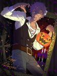  1boy artist_name bandaged_arm bandages belt belt_buckle black_background black_vest brown_belt buckle buttons candle chain collarbone collared_shirt commentary_request cross crossed_bangs dark-skinned_male dark_skin double-breasted earrings ensemble_stars! grey_background grey_pants hair_between_eyes halloween halloween_bucket halloween_costume hands_up happy_halloween highres jewelry long_sleeves looking_at_viewer male_focus object_through_head open_collar open_mouth otogari_adonis pants parted_bangs picture_frame purple_hair round_teeth screw_in_head shirt shirt_tucked_in short_hair sidelocks simple_background sleepwildbear sleeves_rolled_up smile solo splatter stitched_face stitched_neck stitches striped striped_background teeth torn_clothes torn_pants twitter_username v-shaped_eyebrows vest white_shirt yellow_eyes 