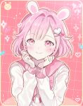  0202ase 1girl animal_ears bob_cut bow bowtie candy closed_mouth commentary food hair_ornament hairclip heart highres long_sleeves ootori_emu pink_bow pink_bowtie pink_eyes pink_hair project_sekai rabbit_ears sailor_collar short_hair solo star_(symbol) upper_body 