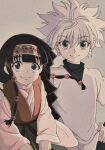  1boy 1other alluka_zoldyck androgynous arms_at_sides black_hair blue_eyes closed_mouth enoki_(gongindon) hand_on_another&#039;s_shoulder hunter_x_hunter killua_zoldyck layered_sleeves looking_at_viewer male_child muted_color siblings smile spiky_hair 