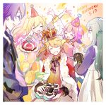  2boys 3girls arm_up blonde_hair blunt_bangs bob_cut bouquet cake closed_eyes closed_mouth commentary_request confetti crown dated flower flower_request food fur_trim gradient_hair green_hair happy_birthday hat highres holding holding_bouquet holding_cake holding_food kamishiro_rui kusanagi_nene long_hair long_sleeves momomo_(m0_3) multicolored_hair multiple_boys multiple_girls ootori_emu open_mouth party_hat pink_hair project_sekai purple_hair shoes short_hair siblings smile teeth tenma_saki tenma_tsukasa twintails wonderlands_x_showtime_(project_sekai) yellow_flower 