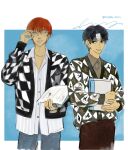  2boys adjusting_eyewear bandaged_head bandages black_eyes black_hair blue_background book brown_shirt checkered_clothes checkered_jacket chrollo_lucilfer collared_shirt cowboy_shot earrings glasses hair_between_eyes highres hisoka_morow holding holding_book hong_3740 hunter_x_hunter jacket jewelry long_sleeves looking_at_viewer male_focus multiple_boys open_clothes open_jacket redhead shirt signature simple_background smile white-framed_eyewear white_shirt yellow_eyes 