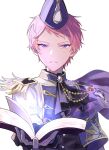  1boy ascot book buttons closed_mouth commentary ensemble_stars! epaulettes gloves hat highres holding holding_book itsuki_shu long_sleeves male_focus official_alternate_costume open_book pink_hair short_hair simple_background single_epaulette solo symbol-only_commentary upper_body violet_eyes wednesday_108 white_background white_gloves 