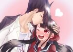  1boy 1girl black_jacket black_sailor_collar blunt_bangs blush brown_hair closed_eyes danganronpa_(series) danganronpa_v3:_killing_harmony earrings gradient_background hair_ornament hair_scrunchie harukawa_maki heart jacket jewelry kiss kissing_forehead mole mole_under_eye momota_kaito open_clothes open_jacket open_mouth open_shirt pink_background print_shirt red_eyes red_scrunchie red_shirt sailor_collar satori_(aosky9077) scrunchie shirt spiky_hair teeth upper_teeth_only white_shirt 