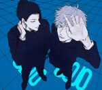  2boys black_eyes black_footwear black_hair black_jacket black_pants blue_background blue_eyes closed_mouth full_body getou_suguru gojou_satoru grey_hair hair_bun hair_pulled_back hand_on_own_neck hand_up highres jacket jujutsu_kaisen jujutsu_tech_uniform looking_at_viewer looking_away male_focus multiple_boys namida_a2 pants shoes short_hair standing 