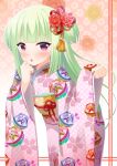  1girl 7fuji_06 blunt_bangs blush cherry_blossom_print clenched_hands commentary cowboy_shot floral_background floral_print flower furisode green_hair hair_flower hair_ornament hands_up highres hime_cut japanese_clothes kanoko_(pattern) kikumon kimono long_hair long_sleeves looking_at_viewer murasame_(senren) open_mouth pink_background pink_kimono red_flower sakuramon seigaiha senren_banka sidelocks simple_background solo standing tassel tassel_hair_ornament two_side_up very_long_hair violet_eyes wide_sleeves 
