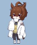  1girl absurdres agnes_tachyon_(umamusume) ahoge animal_ears black_pantyhose black_shirt blue_background brown_hair closed_mouth collared_shirt commentary_request cup full_body hair_between_eyes highres holding holding_cup horse_ears horse_girl horse_tail lab_coat long_sleeves nozo_(hitomiz) open_clothes pantyhose red_eyes shirt shoes simple_background sleeves_past_fingers sleeves_past_wrists solo standing sweater_vest tail tongue tongue_out umamusume white_footwear 