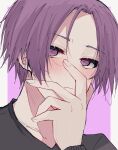  1boy black_shirt blue_lock blush closed_mouth hand_on_own_face hand_up highres long_sleeves looking_at_viewer male_focus mikage_reo natsuneco_02 portrait purple_background purple_hair shirt short_hair solo violet_eyes 