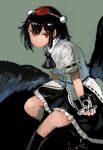  1girl ashiyama_yoshinori band bird_wings black_hair black_skirt camera collared_shirt green_background highres looking_at_viewer red_eyes shameimaru_aya shirt short_sleeves skirt solo touhou white_shirt wings 