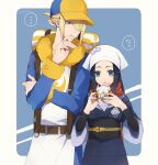  ... 1boy 1girl ? akari_(pokemon) arc_phone backpack bag blonde_hair blue_eyes blue_hair hat head_scarf mi8mei pokemon pokemon_(game) pokemon_legends:_arceus red_scarf scarf short_hair sidelocks spoken_ellipsis spoken_question_mark volo_(pokemon) 