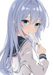  1girl absurdres blue_eyes blush commentary fathom food grey_hair hair_between_eyes hibiki_(kancolle) highres holding holding_food kantai_collection long_hair long_sleeves looking_at_viewer no_headwear popsicle school_uniform serafuku sidelocks simple_background solo upper_body white_background 