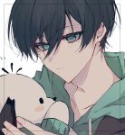  1boy black_hair blue_eyes blue_hoodie blue_lock closed_mouth hand_up highres holding holding_stuffed_toy hood hood_down hoodie itoshi_rin male_focus natsuneco_02 short_hair simple_background solo stuffed_toy upper_body white_background 