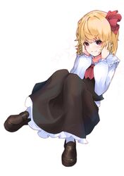  1girl absurdres ascot black_footwear black_skirt black_vest blonde_hair blush closed_mouth collared_shirt frilled_shirt_collar frills hair_ribbon highres long_sleeves red_ascot red_eyes red_ribbon ribbon rumia shirt shoes short_hair simple_background skirt smile solo touhou vest white_background white_shirt yagoro_kusuriya 