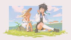  1boy 1girl age_difference aged_down black_hair blonde_hair blue_sky braid closed_eyes clouds crossed_legs dress flower fridaynightcat full_body genshin_impact grass hand_on_own_cheek hand_on_own_face harmonica hat hat_flower highres instrument lumine_(genshin_impact) outdoors shirt short_hair sitting sky sun_hat venti_(genshin_impact) vest white_dress white_shirt 