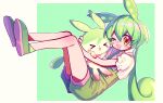  &gt;_&lt; 1girl animal_ears blush_stickers commentary creature green_footwear green_hair green_overalls highres hug legs_up long_hair looking_at_viewer one_eye_closed overall_shorts overalls puffy_short_sleeves puffy_sleeves shirt short_sleeves solo stylishtrash very_long_hair voiceroid voicevox white_shirt yellow_eyes zundamon 