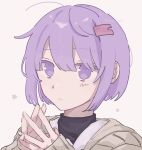  1girl :&lt; a.i._voice black_undershirt brown_cardigan cardigan closed_mouth colored_eyelashes commentary hair_ornament hairclip hands_up highres interlocked_fingers light_blush looking_at_viewer no_pupils own_hands_together portrait purple_hair raised_eyebrows sasamino_tataki short_hair simple_background sleeves_past_wrists solo twitter_username violet_eyes voiceroid watermark white_background yuzuki_yukari yuzuki_yukari_(shizuku) 
