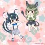  2girls animal_ears belt black_eyes bow bowtie chinchilla_(kemono_friends) degu_(kemono_friends) extra_ears gloves green_hair grey_hair kemono_friends kemono_friends_3 kikuchi_milo multiple_girls open_mouth pantyhose shirt shoes short_hair shorts simple_background suspenders tail 