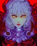  1boy armor berserk blue_eyes blue_hair closed_eyes colored_sclera griffith_(berserk) hair_between_eyes highres light_blue_hair lips long_hair male_focus multicolored_hair nisino2222 red_background simple_background skeleton slit_pupils solo two-tone_hair yellow_sclera 