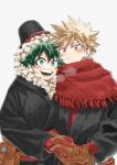  2boys bakugou_katsuki black_coat blonde_hair blush boku_no_hero_academia breath bright_pupils brown_eyes brown_gloves closed_mouth coat commentary freckles fur-trimmed_headwear fur_trim gloves green_eyes green_hair highres hkt26as holding_hands interlocked_fingers long_sleeves looking_at_viewer male_focus midoriya_izuku multiple_boys official_alternate_costume open_mouth red_gloves red_scarf scarf short_hair simple_background smile spiky_hair teeth upper_body white_background white_pupils winter_clothes 