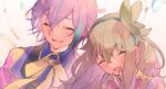  1boy 1girl aqua_hair blurry blurry_background blush bow bowtie closed_eyes collared_shirt commentary_request green_hair headband highres kamishiro_rui kusanagi_nene long_hair neck_ribbon open_mouth project_sekai purple_hair ribbon shiguri shirt short_hair yellow_ribbon 