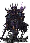  armor black_cape cape claws empty_eyes fangs fire full_armor full_body garo_(series) hand_up highres holding holding_sword holding_weapon horns horror_(garo) kiba_(garo) kintsuba_(kintsuba_08) looking_at_viewer monster muscular no_humans purple_fire skull spikes sword tokusatsu walking weapon 