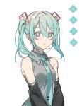  1girl black_sleeves blue_eyes blue_hair blue_necktie collared_shirt commentary detached_sleeves grey_shirt hair_between_eyes hair_ornament hatsune_miku long_hair looking_at_viewer necktie open_mouth prsk112277 shirt sidelocks simple_background upper_body vocaloid white_background 