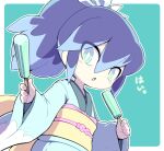  1girl blue_eyes blue_hair border bright_pupils fubukihime haramaki high_ponytail holding_popsicle japanese_clothes kimono long_hair multicolored_hair nollety open_mouth ponytail solo traditional_youkai translation_request two-tone_hair white_border white_pupils wide_sleeves youkai_watch yuki_onna 