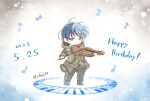  1boy aoyagi_touya blue_hair bow_(music) chibi commentary_request dark_blue_hair dated full_body grey_eyes happy_birthday highres holding holding_instrument hood hooded_jacket instrument jacket long_sleeves male_focus mole mole_under_eye multicolored_hair musical_note official_alternate_costume period_of_nocturne_(project_sekai) piano_keys project_sekai sa-fu_(sfmk39) solo twitter_username two-tone_hair violin 