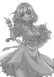  0002koko 1girl absurdres alice_margatroid book closed_mouth commentary_request dress greyscale hair_intakes hairband highres holding holding_book looking_at_viewer monochrome short_hair short_sleeves simple_background smile solo standing touhou wrist_cuffs 