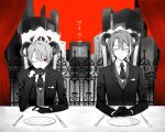  2boys ascot chair closed_eyes closed_mouth collared_shirt commentary fixer_(vocaloid) fork gloves greyscale_with_colored_background horns kamishiro_rui knife looking_at_another multicolored_hair multiple_boys one_eye_closed plate project_sekai prsk112277 red_background red_eyes shirt sitting smile streaked_hair table tenma_tsukasa upper_body vest wing_collar 